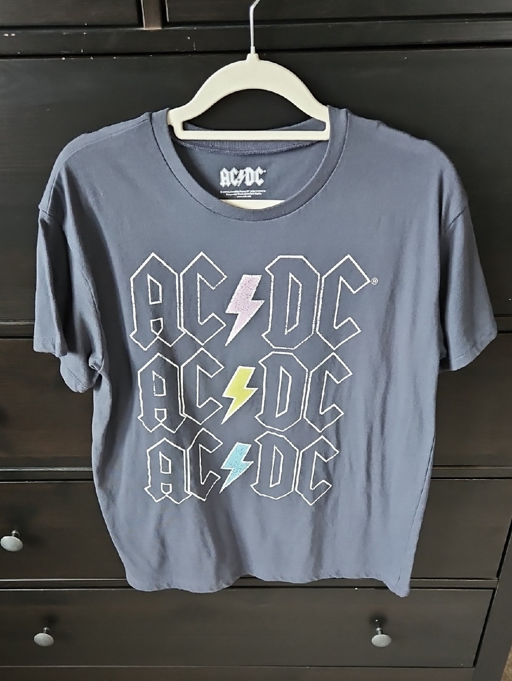 AC/DC Gray Band Tee with Pink, Yellow, and Blue Lightning Bolts